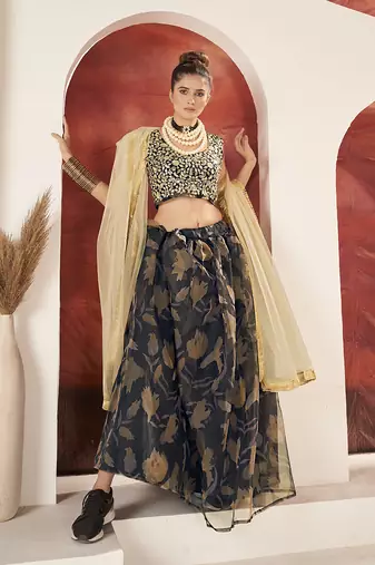 Black Organza Printed Semi stitched Lehnega & Unstitch Blouse with Dupatta