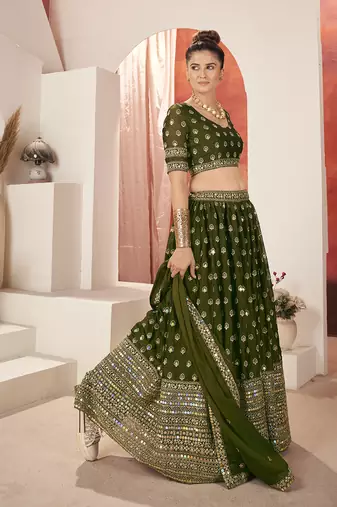 Green Silk Semi Stitched Lehenga & Unstitch Blouse with Dupatta