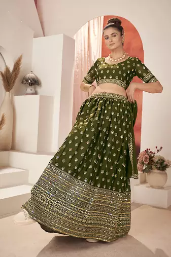 Green Silk Semi Stitched Lehenga & Unstitch Blouse with Dupatta