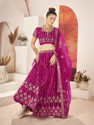 Rani Pink Sequins Embroidered Net Lehenga Choli 1