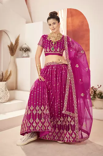 Rani Pink Sequins Embroidered Net Lehenga Choli