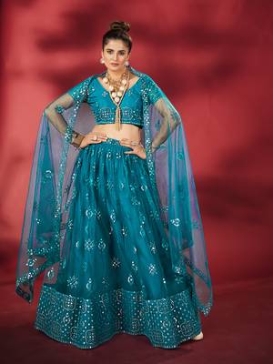 Rama Blue Sequins Embroidered Net Lehenga Choli 1