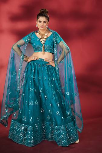 Rama Blue Sequins Embroidered Net Lehenga Choli