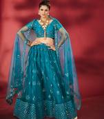 Rama Blue Sequins Embroidered Net Lehenga Choli