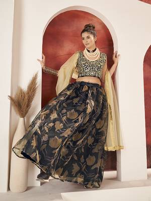 Black Organza Printed Semi stitched Lehnega & Unstitch Blouse with Dupatta 3