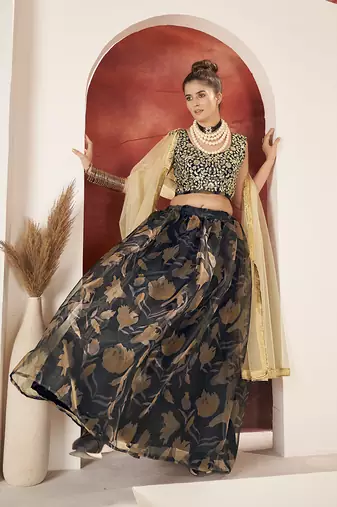 Black Organza Printed Semi stitched Lehnega & Unstitch Blouse with Dupatta