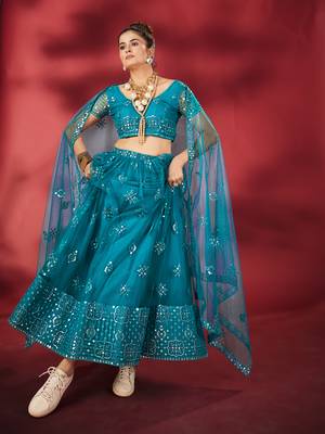 Rama Blue Sequins Embroidered Net Lehenga Choli 2