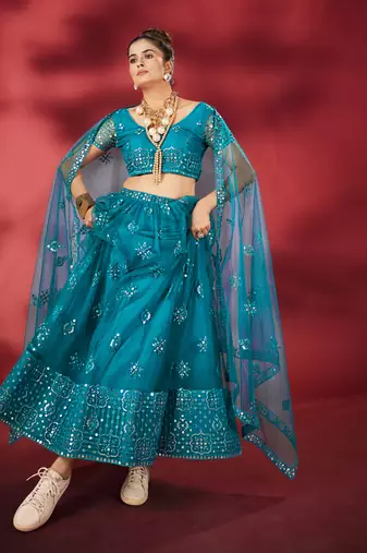 Rama Blue Sequins Embroidered Net Lehenga Choli
