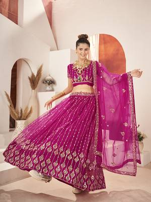 Rani Pink Sequins Embroidered Net Lehenga Choli 3