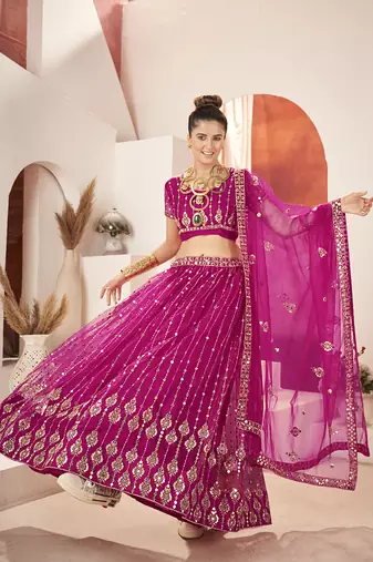 Rani Pink Sequins Embroidered Net Lehenga Choli