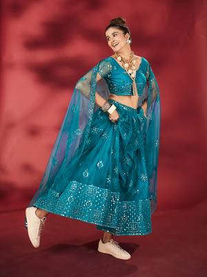 Rama Blue Sequins Embroidered Net Lehenga Choli 3