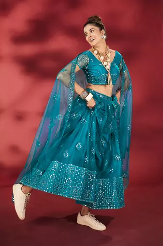 Rama Blue Sequins Embroidered Net Lehenga Choli