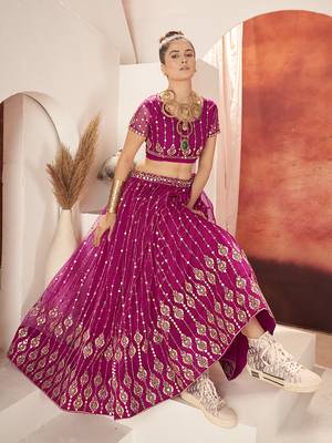 Rani Pink Sequins Embroidered Net Lehenga Choli 4