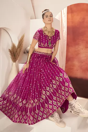 Rani Pink Sequins Embroidered Net Lehenga Choli