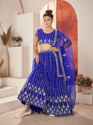 Royal Blue Sequins Embroidered Net Lehenga Choli 1