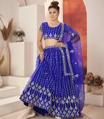 Royal Blue Sequins Embroidered Net Lehenga Choli
