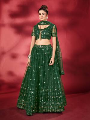 Bottle Green Sequins Embroidered Net Lehenga Choli 1