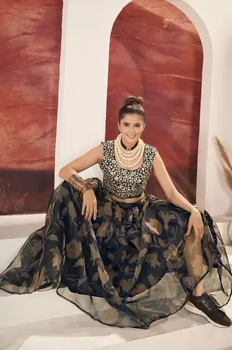 Black Organza Printed Semi stitched Lehnega & Unstitch Blouse with Dupatta