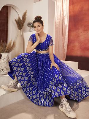 Royal Blue Sequins Embroidered Net Lehenga Choli 2