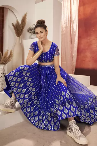 Royal Blue Sequins Embroidered Net Lehenga Choli