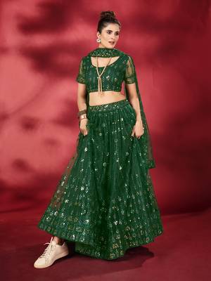Bottle Green Sequins Embroidered Net Lehenga Choli 2