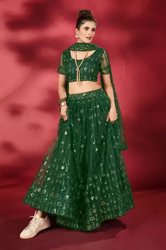Bottle Green Sequins Embroidered Net Lehenga Choli