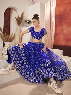 Royal Blue Sequins Embroidered Net Lehenga Choli 3