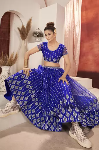 Royal Blue Sequins Embroidered Net Lehenga Choli