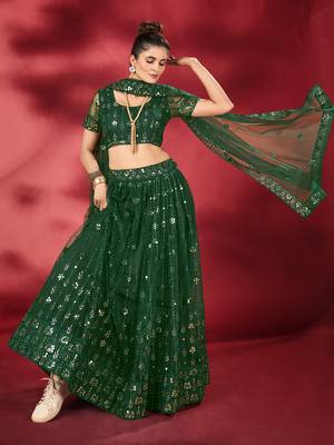 Bottle Green Sequins Embroidered Net Lehenga Choli 3