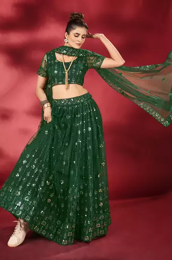 Bottle Green Sequins Embroidered Net Lehenga Choli