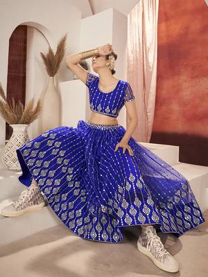 Royal Blue Sequins Embroidered Net Lehenga Choli 4