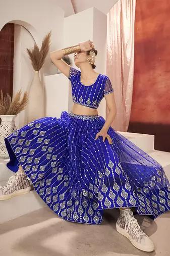 Royal Blue Sequins Embroidered Net Lehenga Choli
