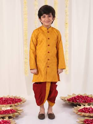 yellow and maroon kurta and dhoti set 1