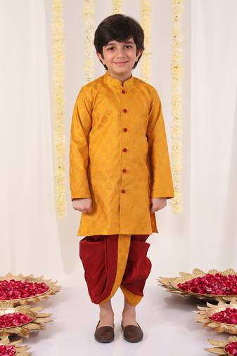  boys' yellow and maroon kurta and dhoti set