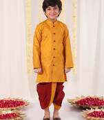 yellow and maroon kurta and dhoti set