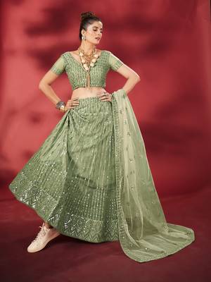 Pista Green Sequins Embroidered Net Lehenga Choli 1