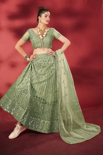 Pista Green Sequins Embroidered Net Lehenga Choli