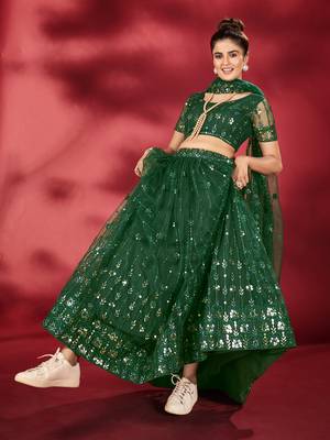 Bottle Green Sequins Embroidered Net Lehenga Choli 4