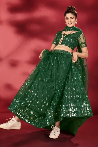 Bottle Green Sequins Embroidered Net Lehenga Choli