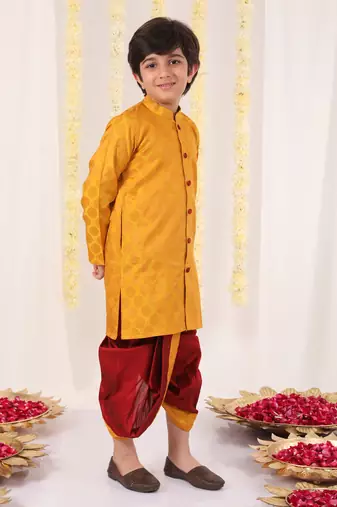 yellow and maroon kurta and dhoti set