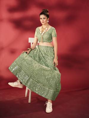 Pista Green Sequins Embroidered Net Lehenga Choli 2