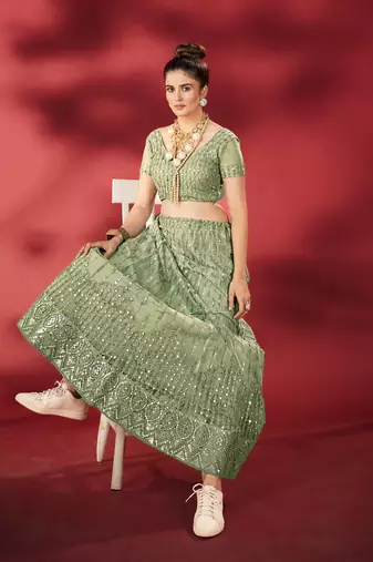 Pista Green Sequins Embroidered Net Lehenga Choli