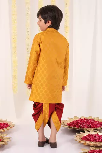 yellow and maroon kurta and dhoti set