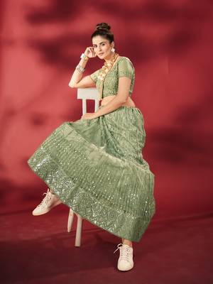 Pista Green Sequins Embroidered Net Lehenga Choli 3