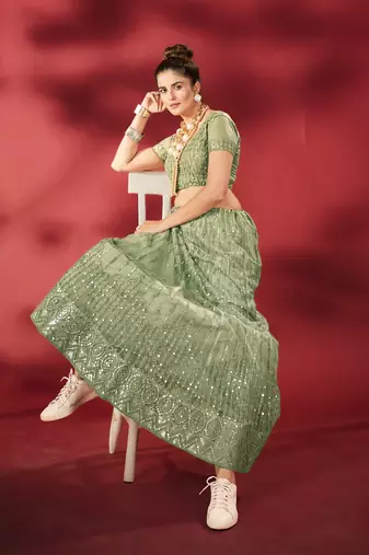 Pista Green Sequins Embroidered Net Lehenga Choli