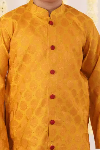 yellow and maroon kurta and dhoti set