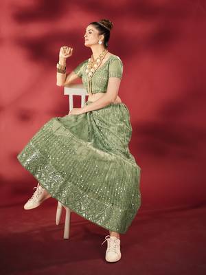 Pista Green Sequins Embroidered Net Lehenga Choli 4