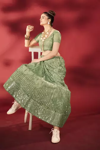 Pista Green Sequins Embroidered Net Lehenga Choli