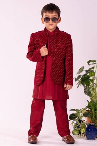  boys' maroon jodhpuri, kurta and pyjama set