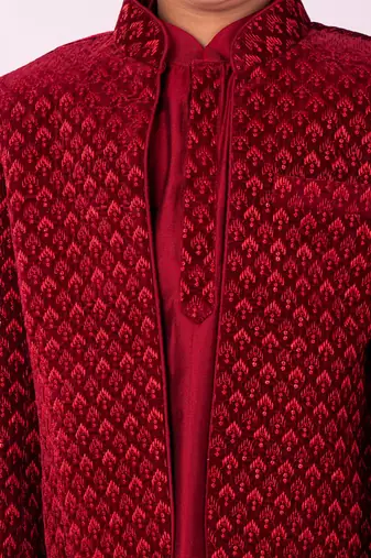 maroon jodhpuri, kurta and pyjama set